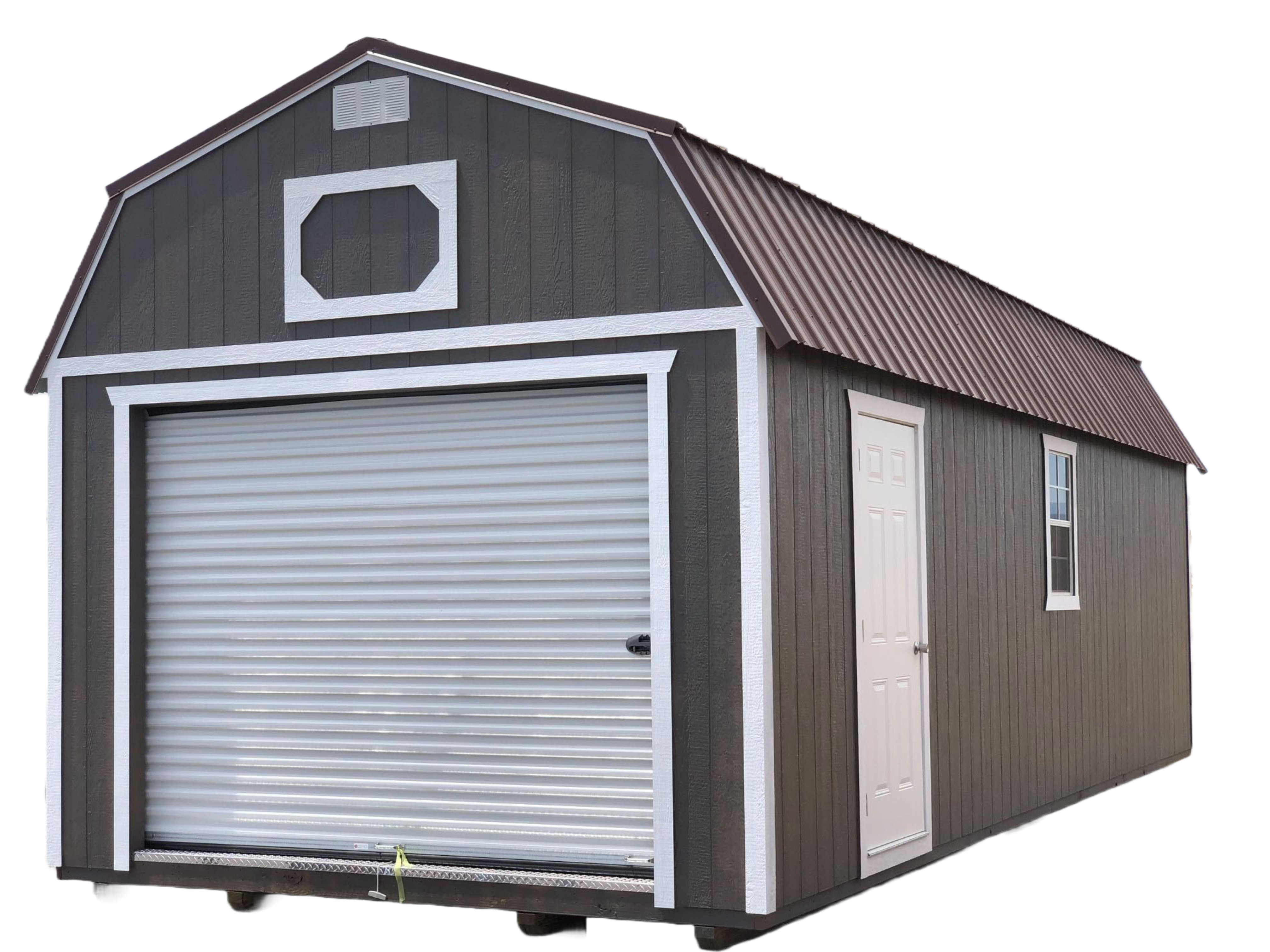 Deluxe Lofted Barn Cabin Building Brown with Cream Color siding